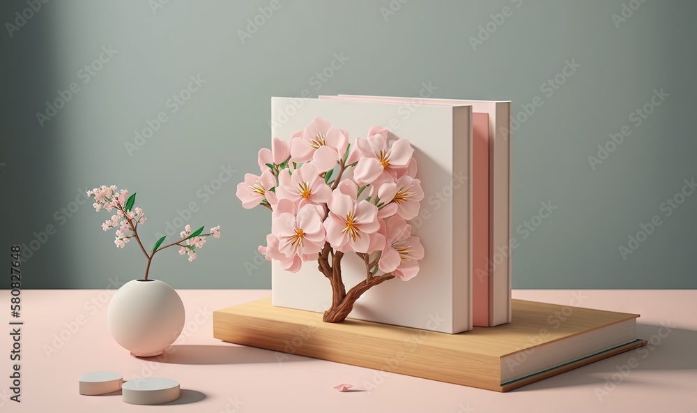  a vase with flowers and a book on a wooden stand next to a vase with a flower in it and a book on a