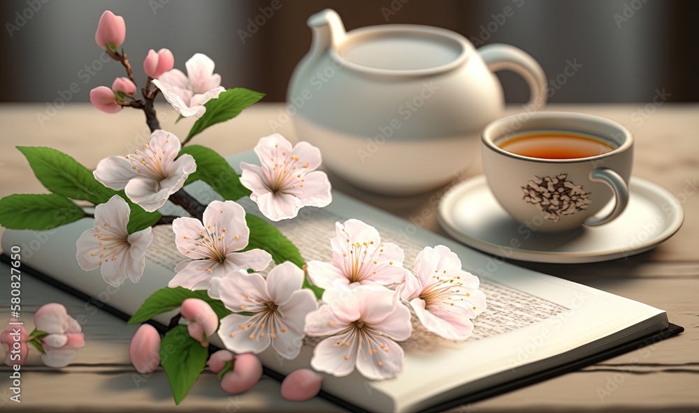  a book with flowers and a cup of tea on a table with a teapot and saucer in the background, with a 