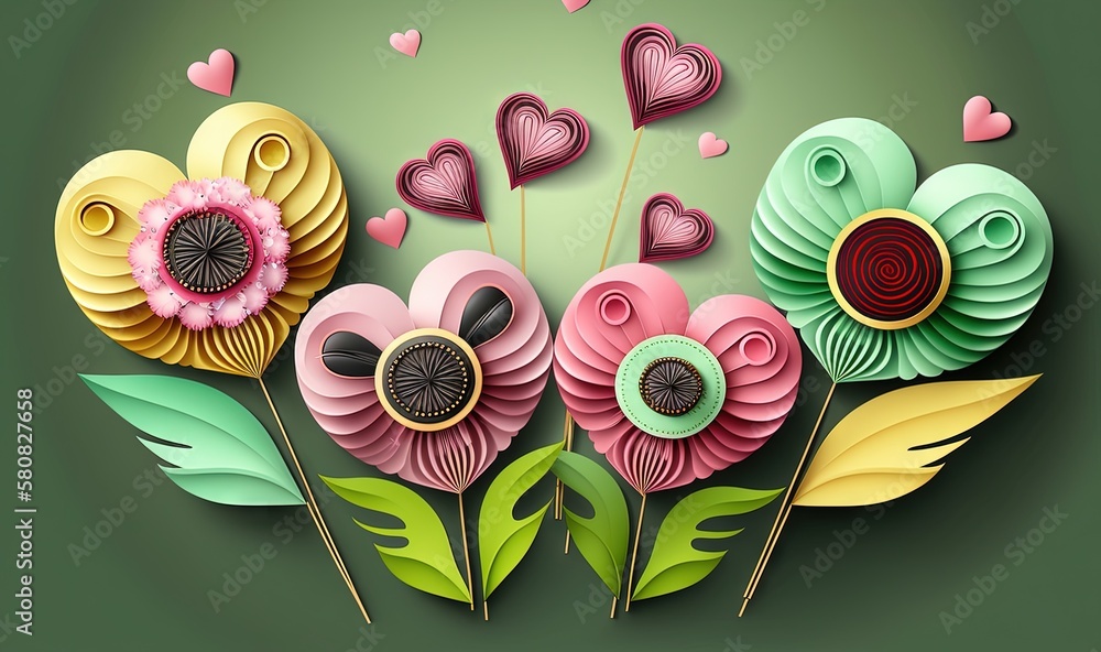  a bunch of paper flowers with hearts on them on a green background with leaves and hearts in the ce