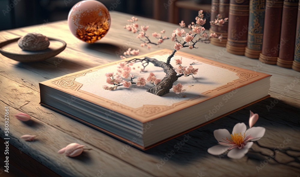  an open book sitting on top of a wooden table next to a vase of flowers and an egg on top of a book