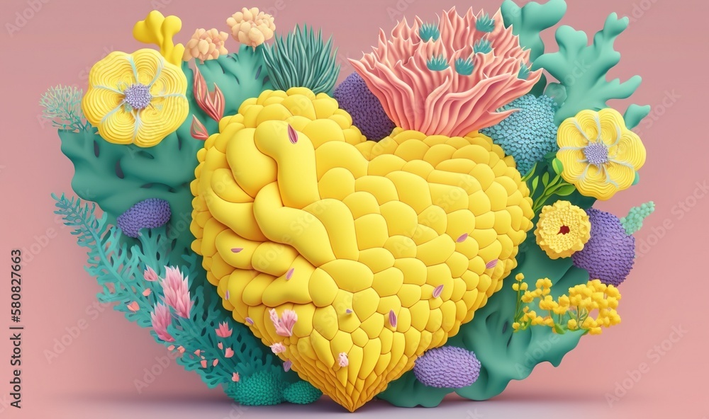  a heart - shaped arrangement of corals and seaweed on a pink background with a pink background and 