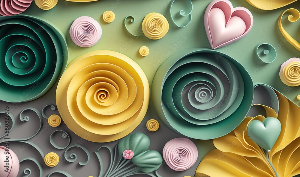  a close up of paper flowers on a green background with swirls and hearts in the middle of the flowe