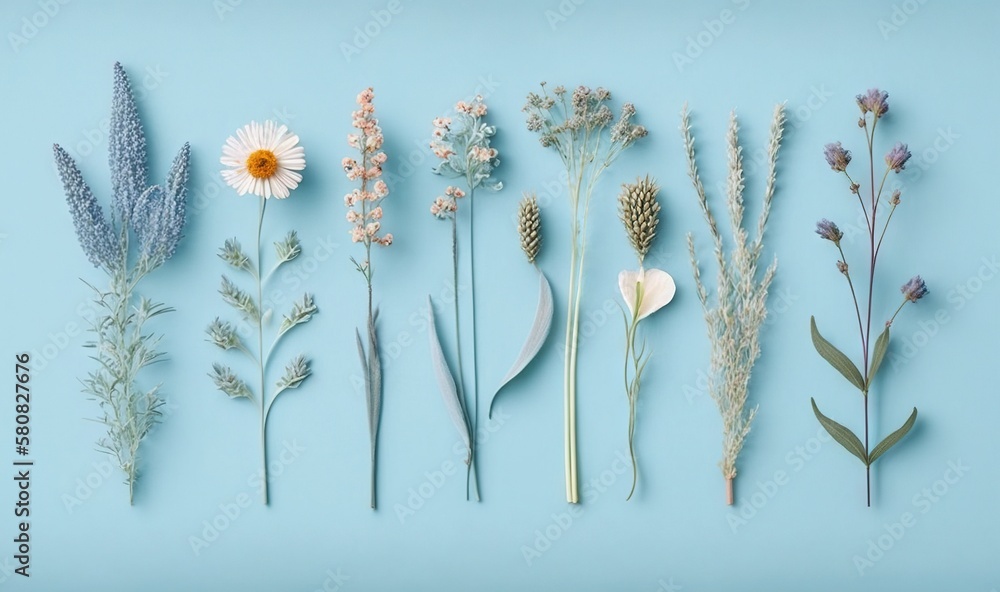  a group of different types of flowers on a blue background with a white daisy in the middle of the 