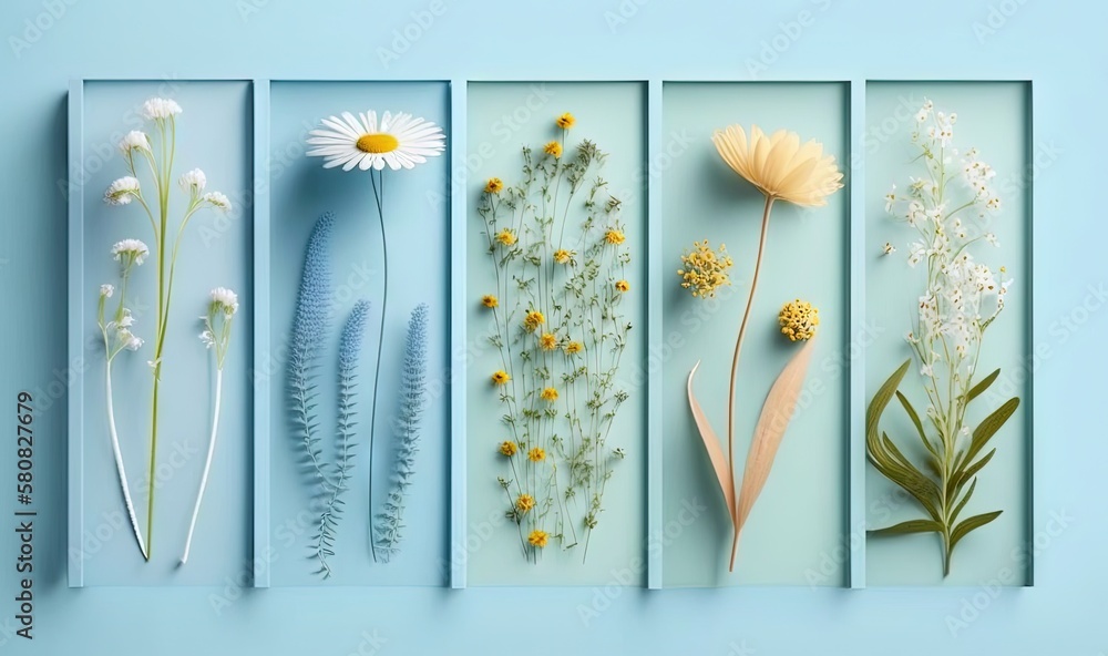  four different types of flowers in a row on a blue background with a yellow flower in the middle of