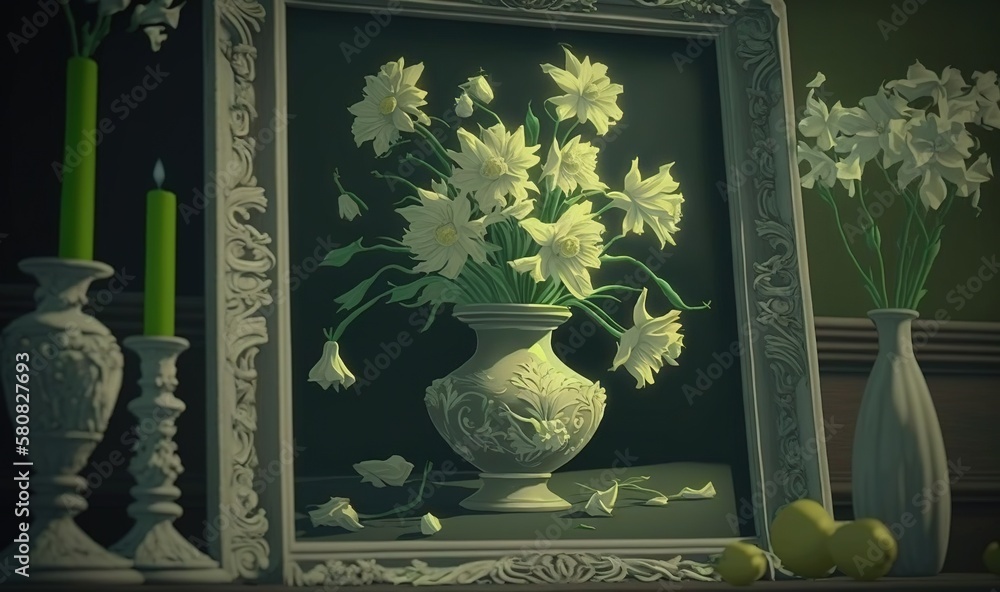  a painting of a vase with flowers in it and two candles in front of a picture of a vase with flower