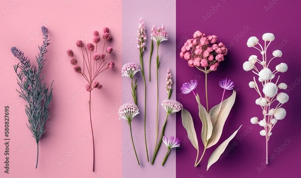  four different types of flowers on a pink and purple background, each with a single stem of the sam