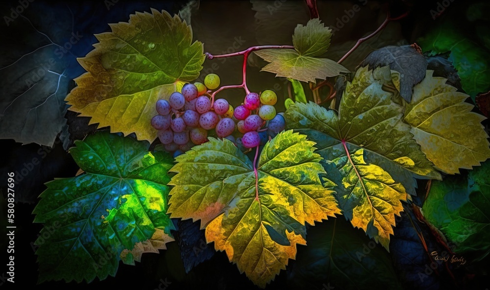  a bunch of grapes sitting on top of a leaf covered tree branch in a painting style with green leave