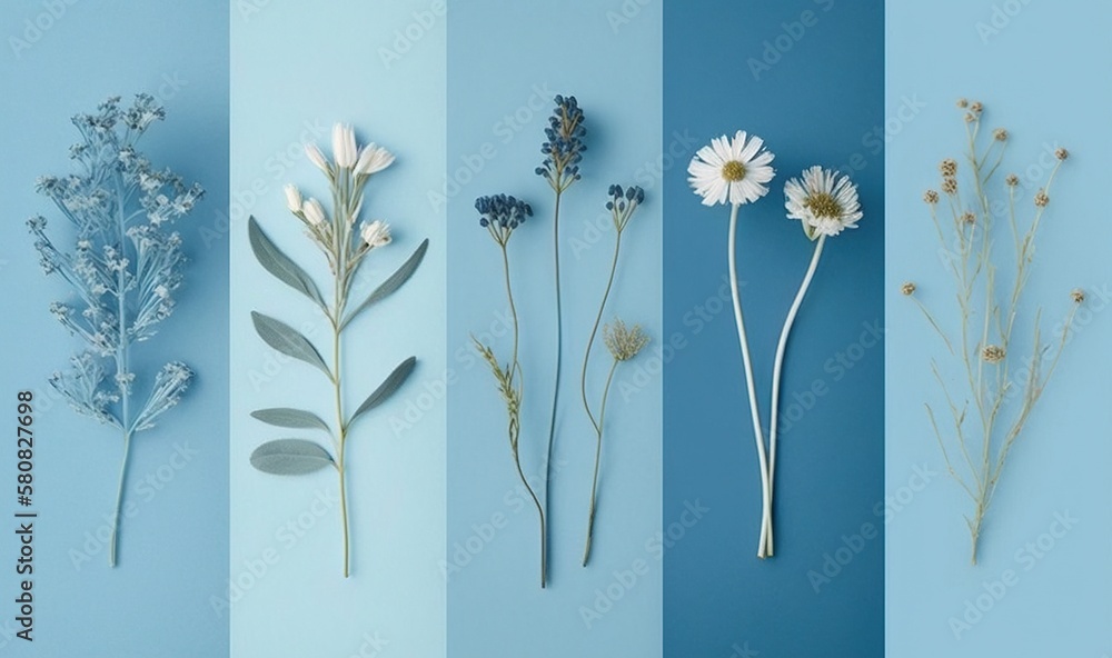  four different types of flowers on a blue and blue background with a white flower in the middle of 