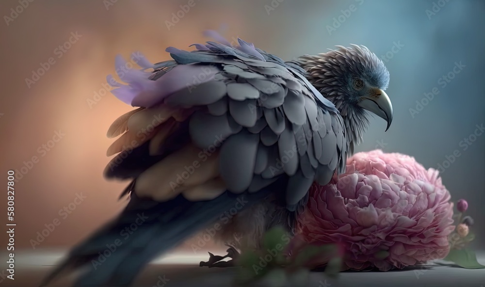  a bird sitting on top of a pink flower next to a green leafy plant and a blue and white bird on top