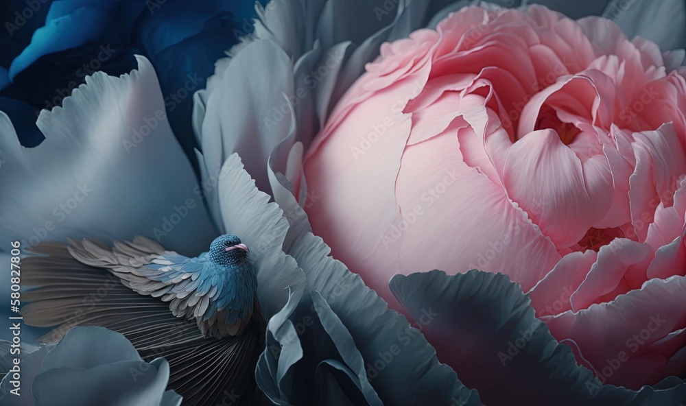  a blue and pink flower with a bird in the middle of the flower and a blue and white flower in the m