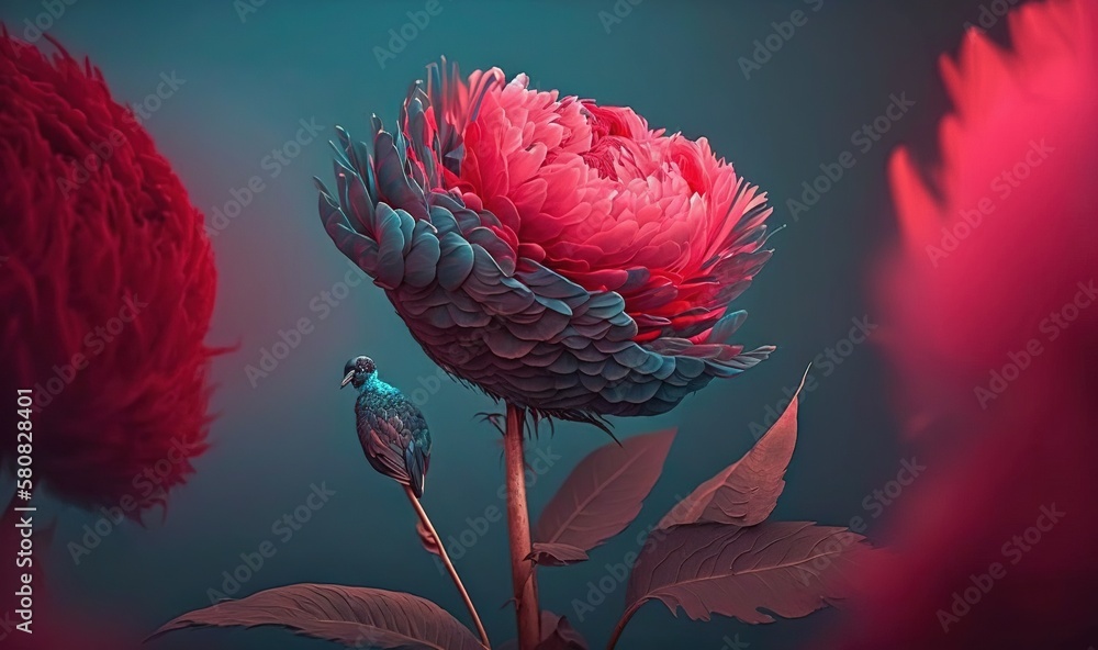  a pink flower with a blue bird sitting on its stem in front of a blue background with red leaves a