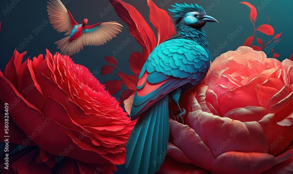  a blue bird sitting on top of a red flower next to a bird flying over it on a dark blue background 