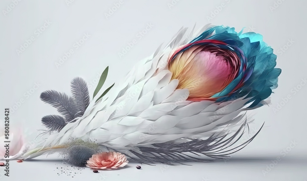  a white feather with a flower on the side and a pink flower on the other side of the image, with a 