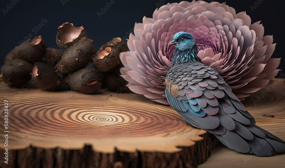  a bird is sitting on a tree stump next to a large flower and a pile of logs in front of a tree stum