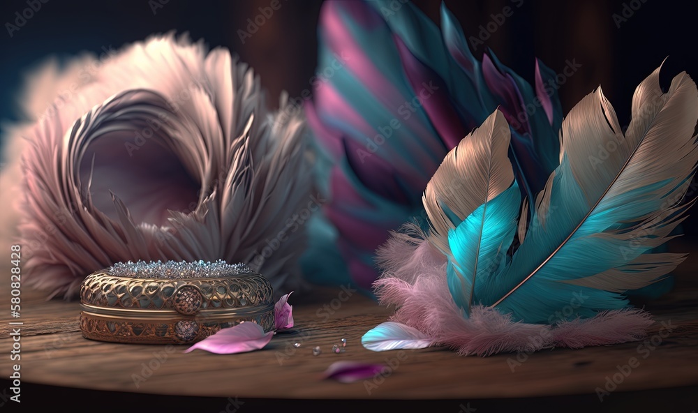  a close up of two feathers on a table with a small object in the foreground and a butterfly on the 