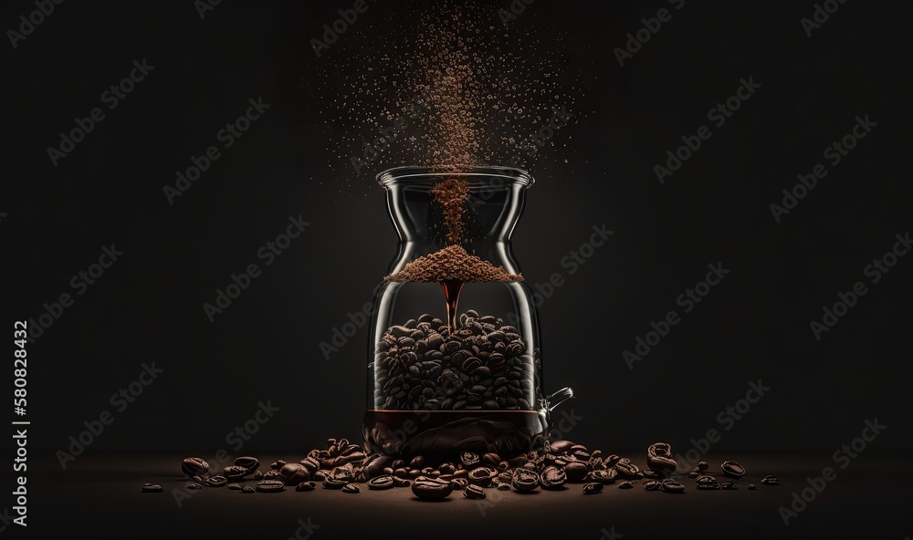  a coffee grinder filled with coffee beans on a dark background with a splash of coffee from the top