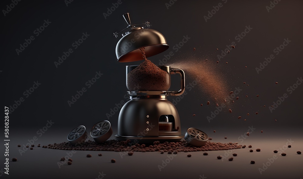  a coffee maker with coffee beans spilling out of its top on a dark background with a pile of coffe