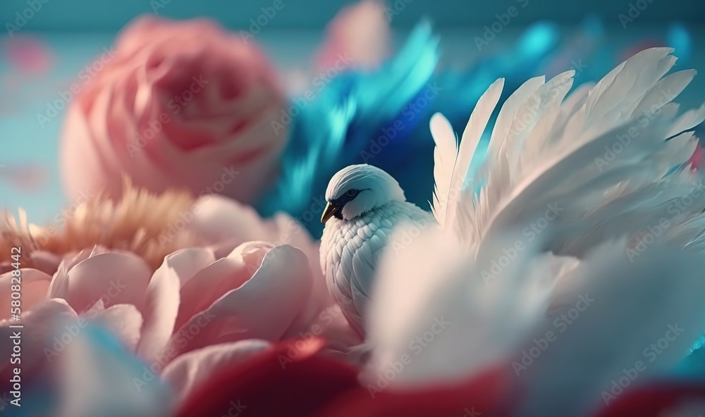  a white bird sitting on top of a pile of pink roses and feathers in a vase of flowers in a blue vas