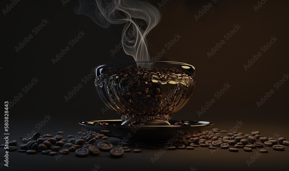  a steaming cup of coffee on a saucer surrounded by coffee beans and coffee beans on a dark backgrou