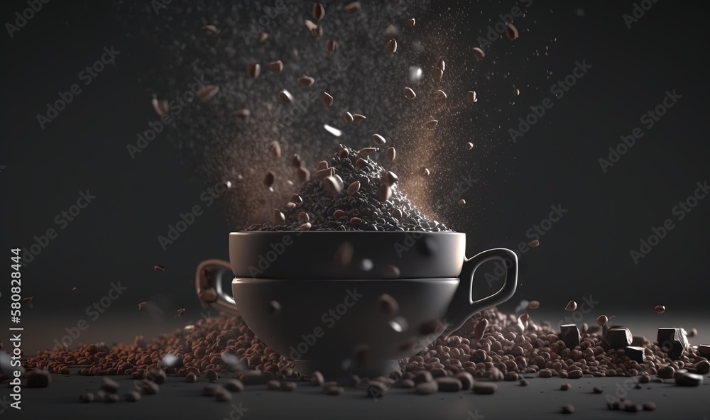  a cup of coffee is spilling into a pile of coffee beans on a dark background with scattered coffee 