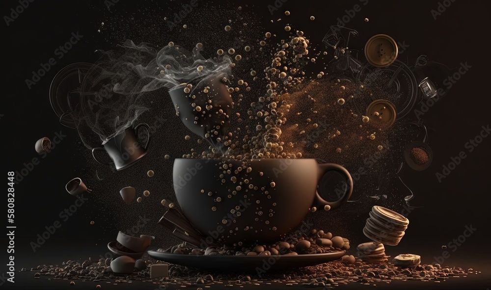  a cup of coffee with steam rising out of it on a plate with coffee beans and coffee beans scattered