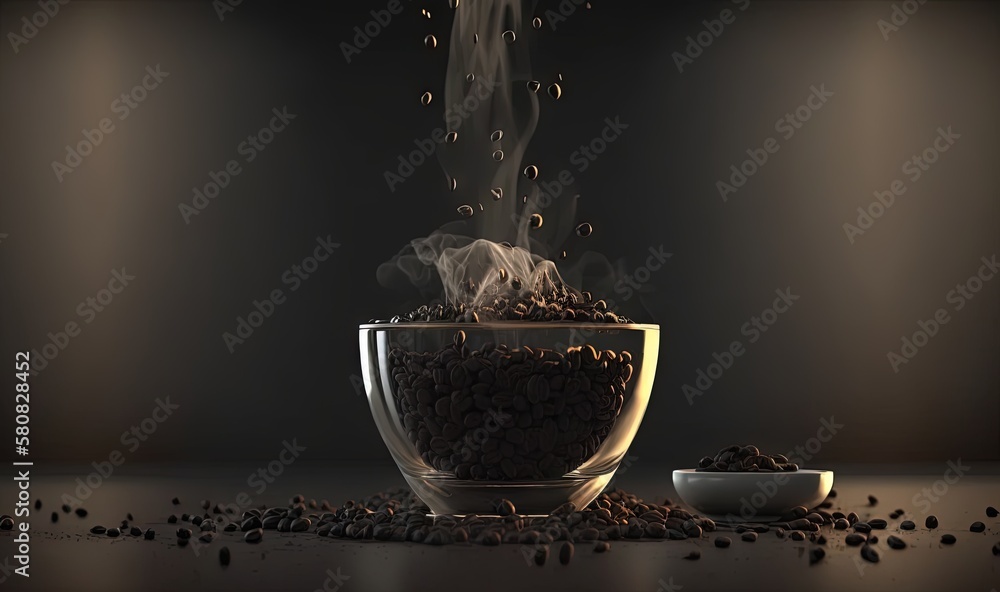  a cup of coffee with steam rising out of it and coffee beans scattered around the cup on the table,