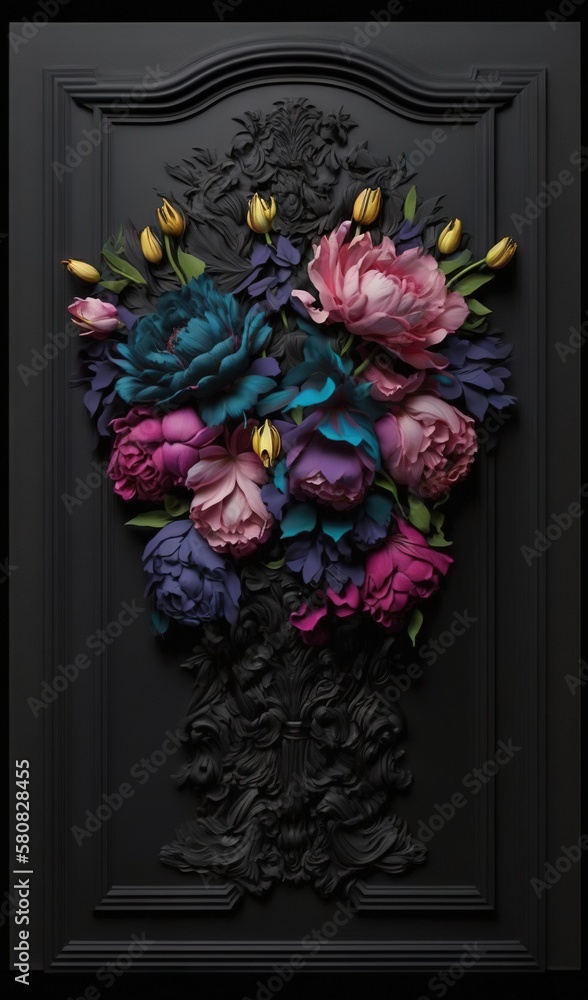  a painting of a bunch of flowers on a black background with a black border around the picture and t