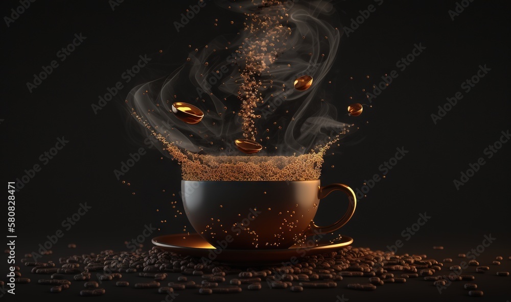  a cup of coffee with steam rising out of it and coffee beans scattered around it on a black backgro