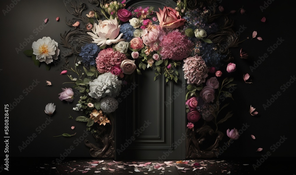  a bunch of flowers that are on a door frame in a room with a black wall and a black door with a bla