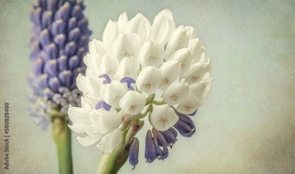  a close up of a white and purple flower with a blue background and a blurry image of a flower head 