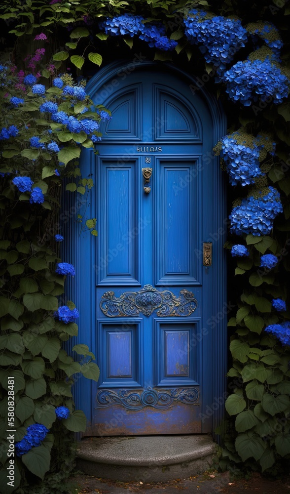  a blue door surrounded by blue flowers and greenery on a buildings side walk, with a blue door sur