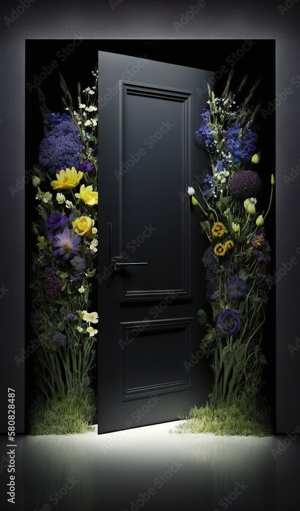  an open door with a bunch of flowers on the side of it in front of a black wall with a black door a