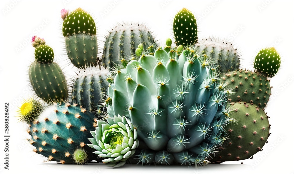  a group of cactus plants with green leaves and yellow tips on a white background with a white backg