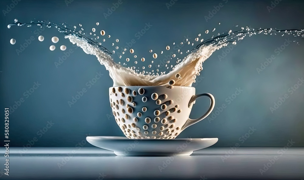  a coffee cup with water splashing out of it on a blue background with a blue background and a white