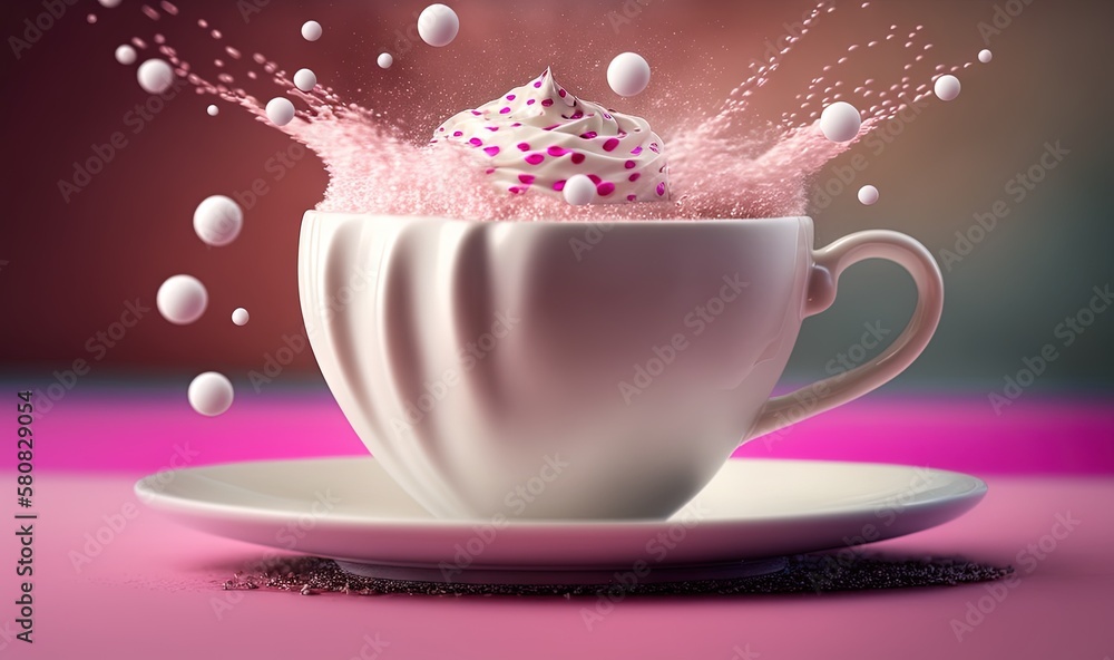  a cup of coffee with sprinkles coming out of the top of it and a saucer on the side of the cup.  ge