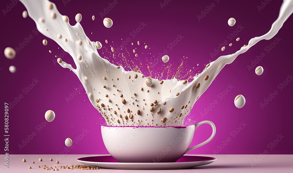  a splash of milk in a white cup on a saucer on a purple background with scattered gold flecks and a