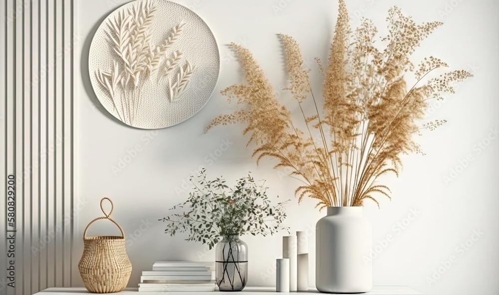  a white shelf with vases and plants on it and a white wall with a circular artwork on the wall behi