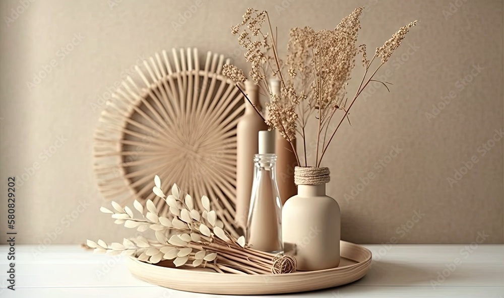  a plate with some bottles and flowers on it and a fan in the back of the plate behind it on a table