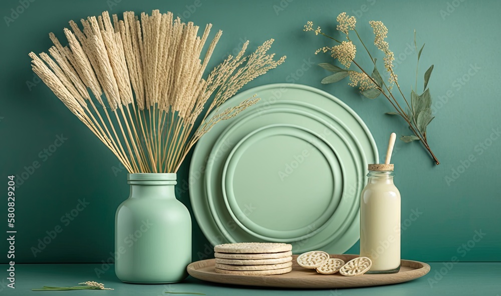  a table with a plate, vase, vases, and a plate with a straw in it and a bottle with a straw in it. 