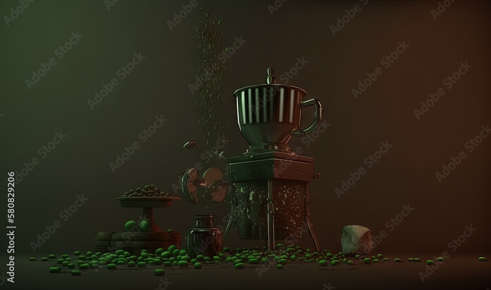  a blender and a pile of green beans in a dark room with a dark background and a green light coming 