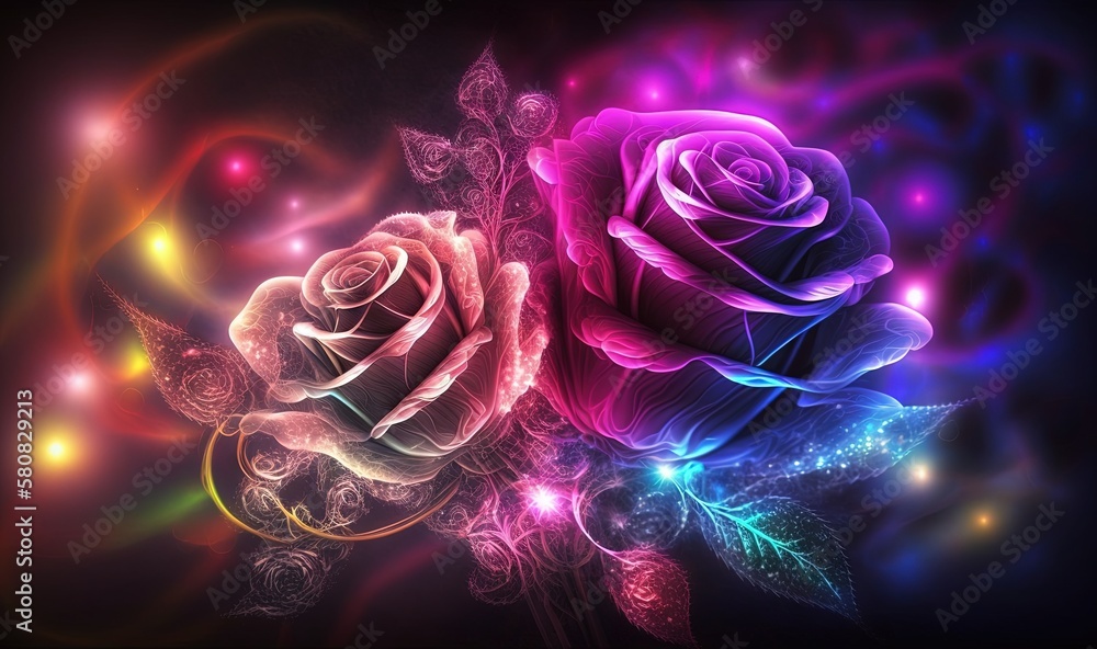  a couple of roses sitting next to each other on top of a black background with a rainbow light arou