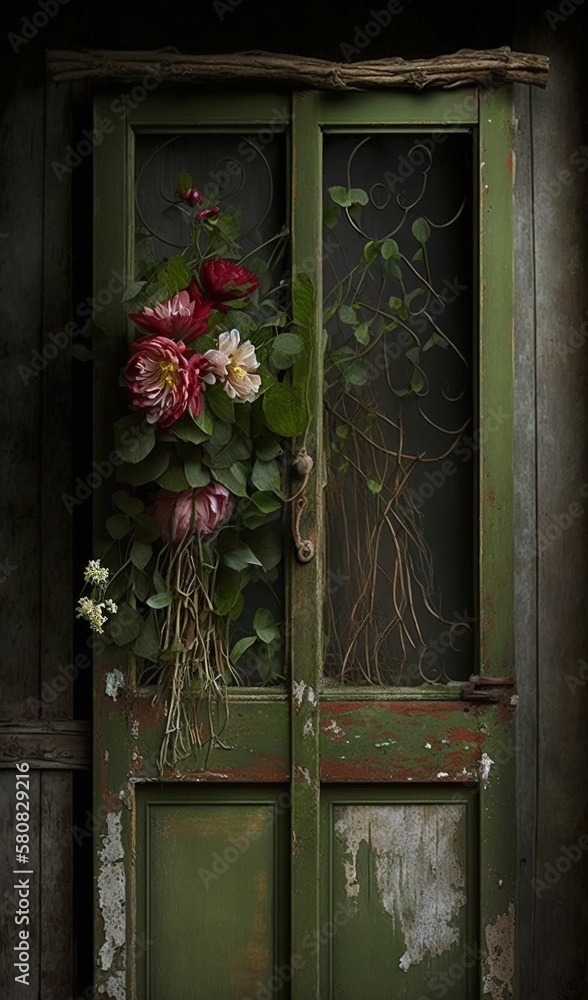  a green door with a bunch of flowers on its side and vines on the side of the door and a window be