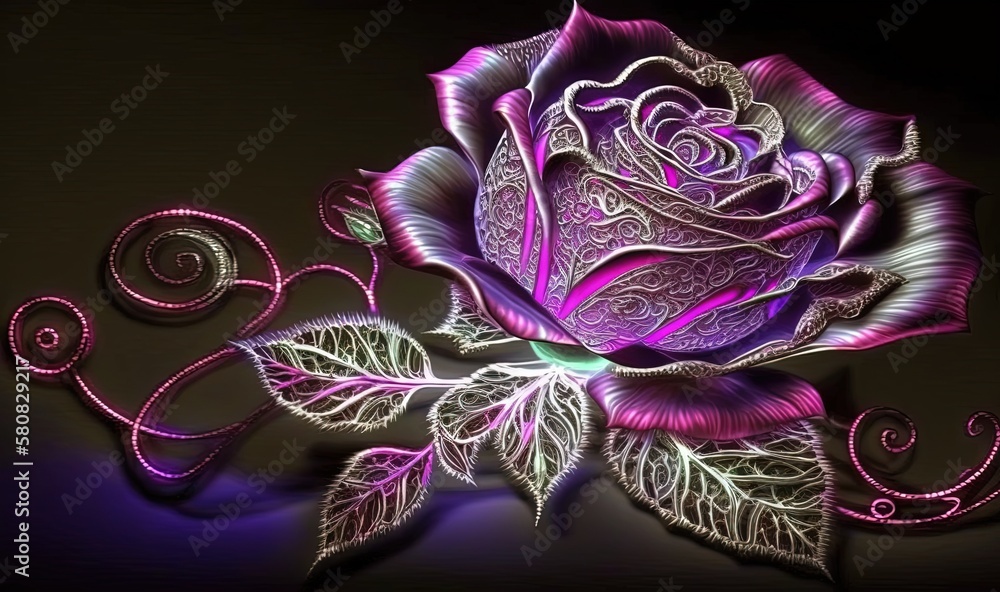  a purple rose with swirls and leaves on a black background with a purple background and a purple ro