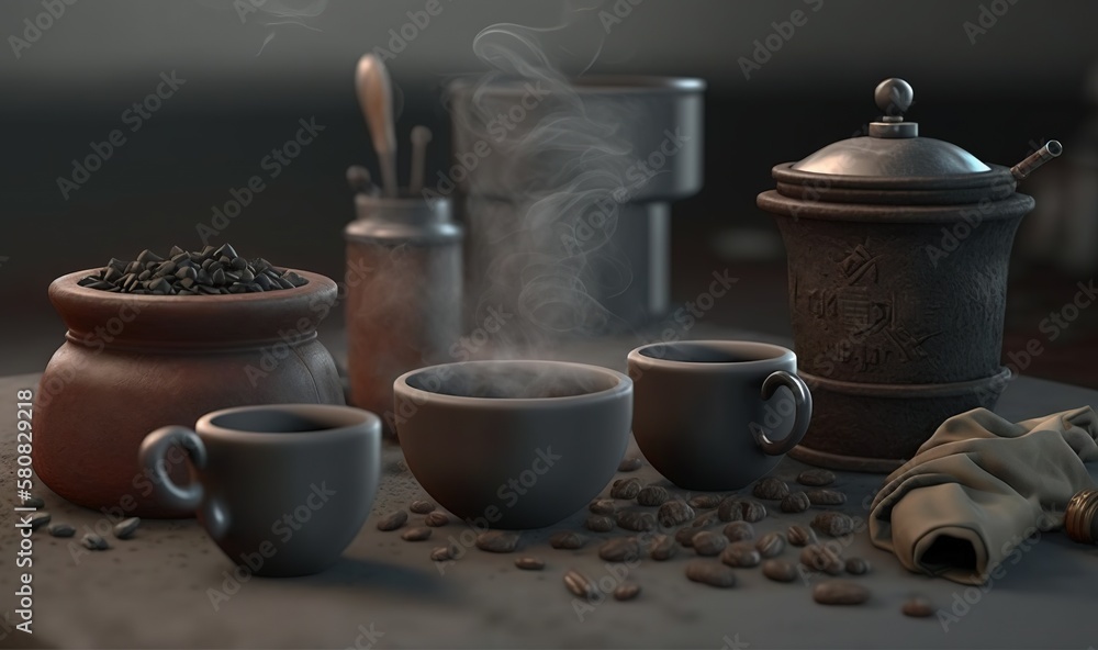  a table topped with two cups of coffee next to a pot and a cup of coffee with steam coming out of i