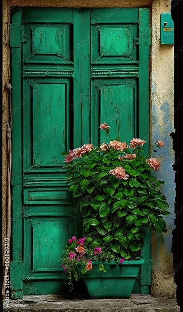  a potted plant sitting in front of a green door with a green frame and green shutters on the outsid