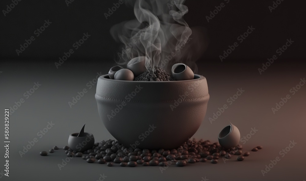  a bowl with smoke coming out of it sitting on top of a pile of coffee beans and coffee beans on the