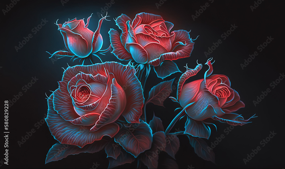  a bunch of red roses on a black background with a blue light in the middle of the image and a blue 