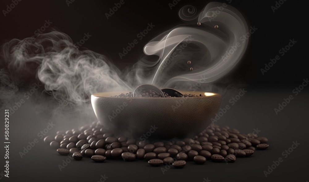  a bowl of coffee beans with steam rising out of the top and steam rising out of the bottom of the b