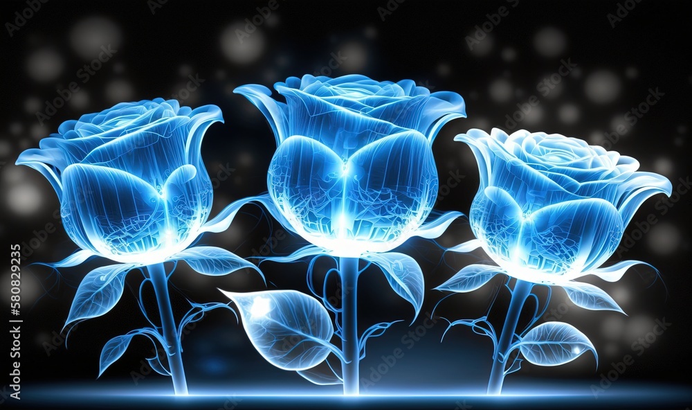  three glowing blue roses on a black background with a blue glow behind them and a black background 