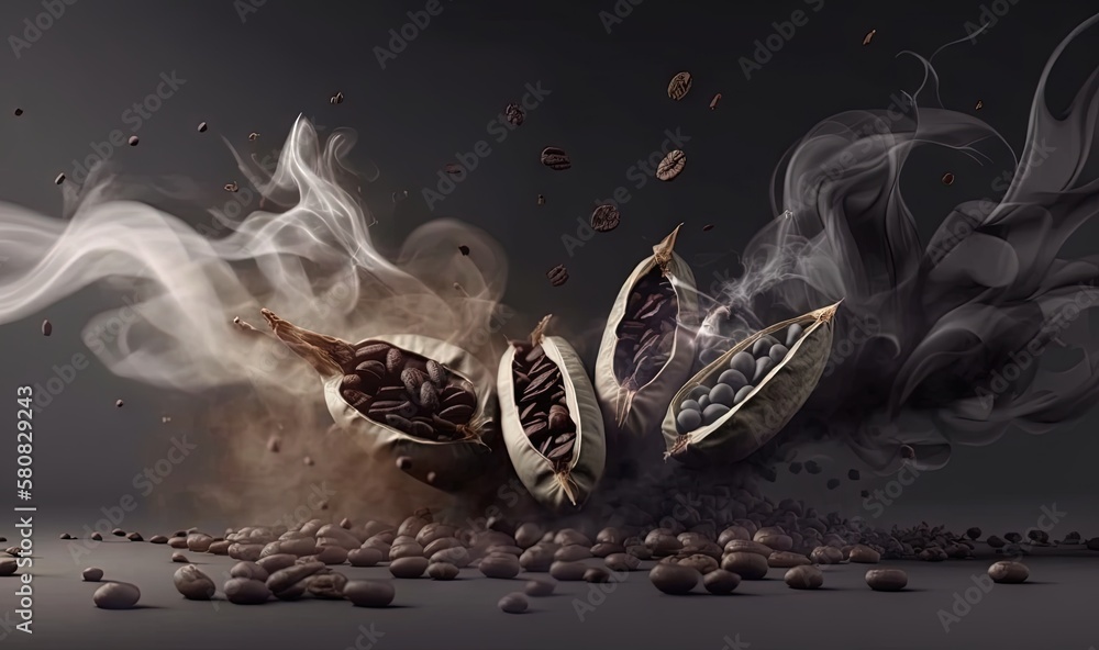  a pile of beans with smoke coming out of it and some nuts scattered around it on a dark background 